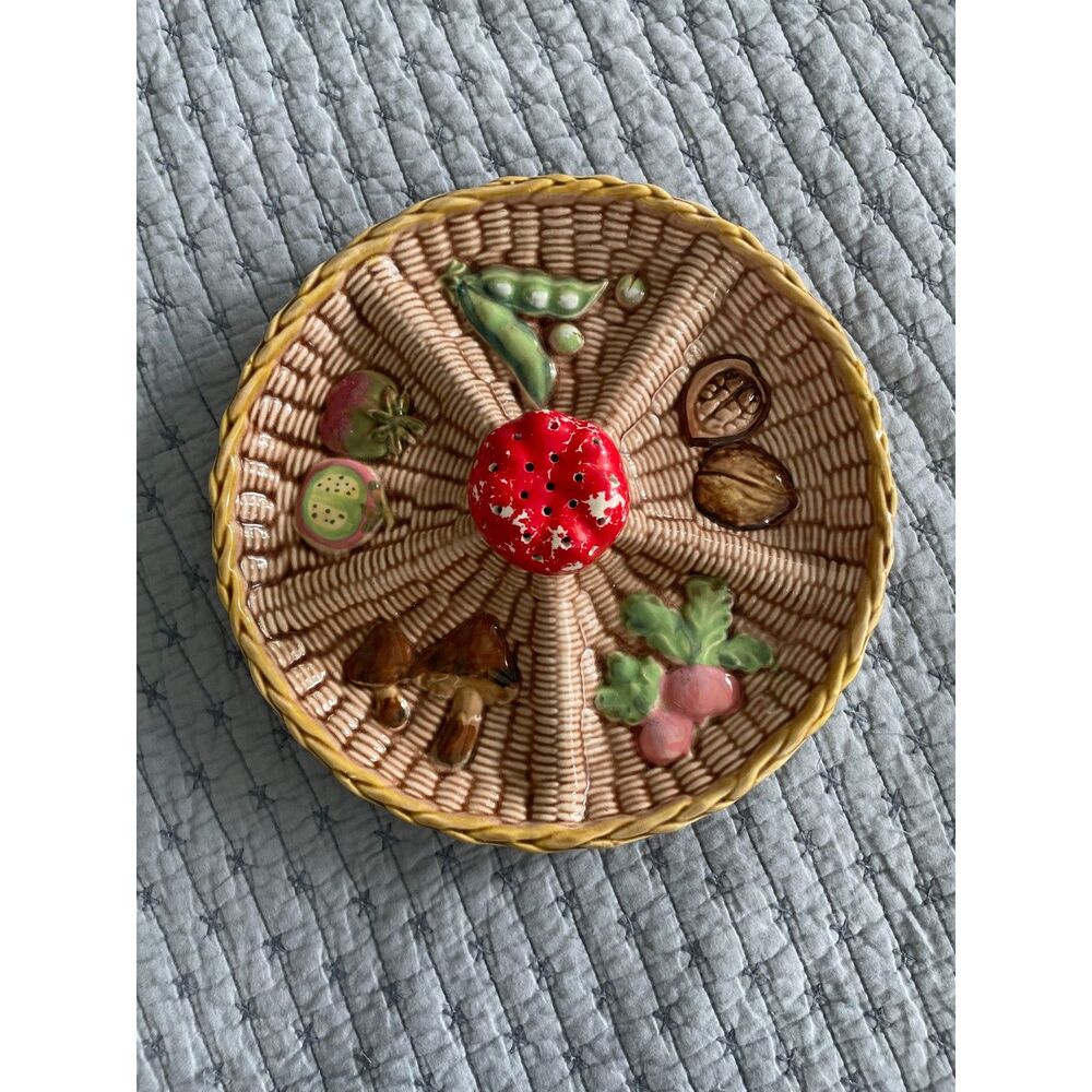 Vintage 1970s Japan Majolica Divided Serving Dish Mushroom Vegetable Wicker